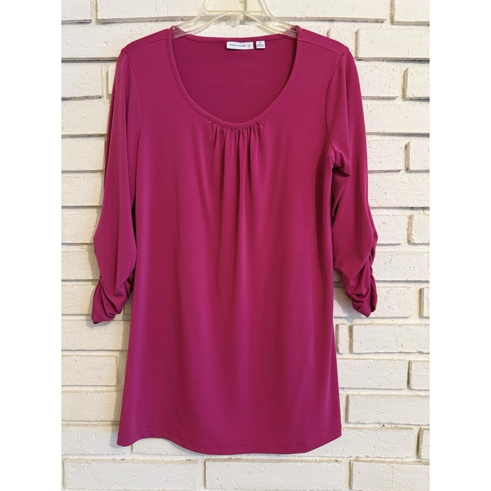 Susan Graver Liquid‎ Knit Pink Tunic Shirt Top Ruched 3/4 Sleeves Pink Sz XS